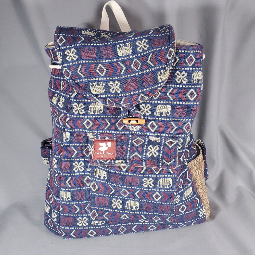 Taaluma Totes Backpack Elephants Red Blue White 15 x 11.5 x 5" Book Bag
